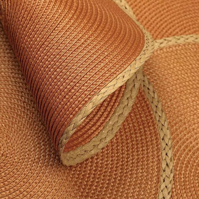 Round Placemats Set of 8, Woven Table Mats, Thin Edge, Orange | Braided Paper Edge, 15 Inch Diameter, Fits Dinner Plate and Flatware, Wipeable, Heat Resistant, Indoor Dining, Outdoor Patio