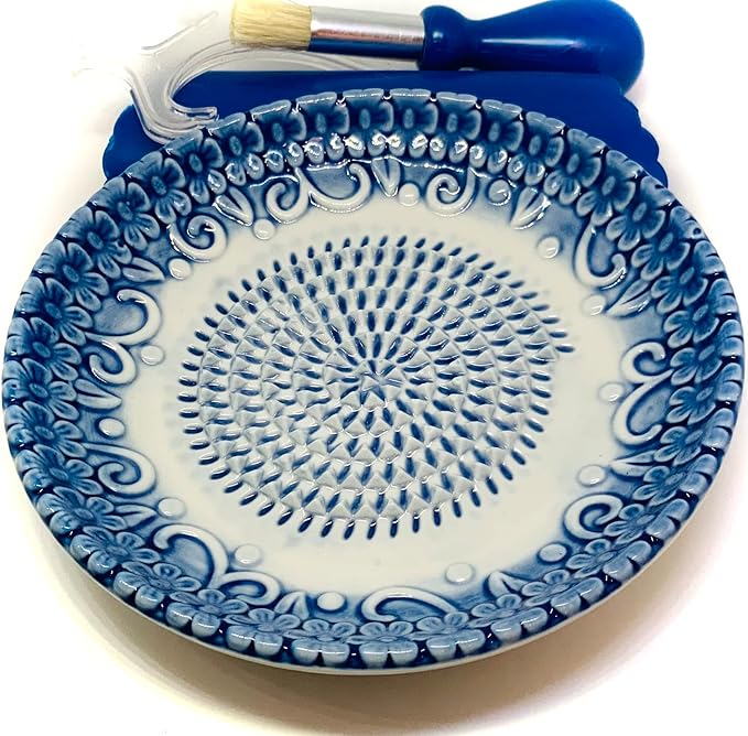 Premium Ceramic Garlic Grater Plate Set - Blue Embossed | All-in-One 4-Piece Set includes 5.25" Plate, Peeler, Brush, and Stand - For Garlic, Ginger, Fruits, Strawberries, and more!