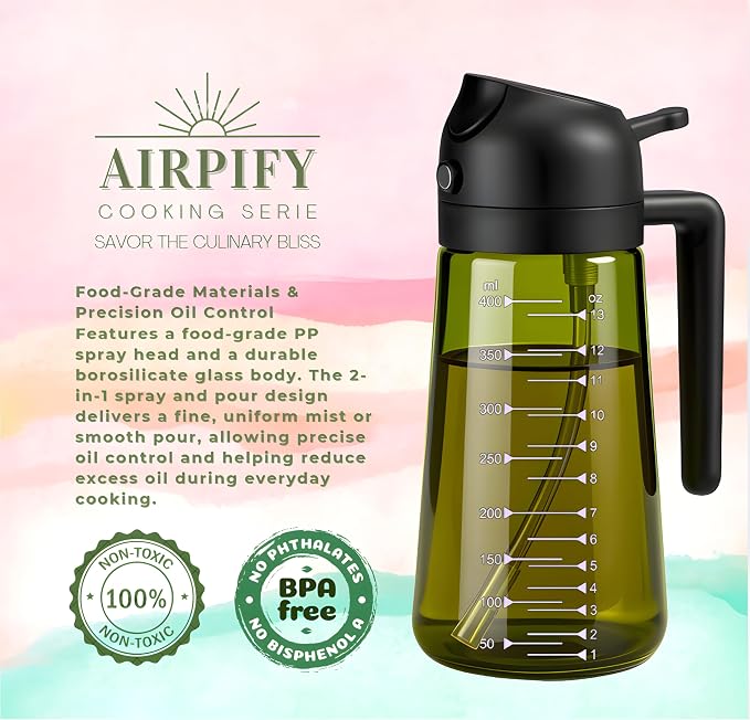 Glass Olive Oil Sprayer for Cooking 16oz/470ml – Dark-Green 2 in 1 Glass Oil Sprayer & Dispenser with Scale, Kitchen Gadgets & Air Fryer Accessories, Olive Oil Dispenser – Black