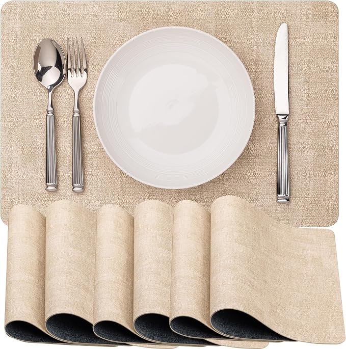 Baroyal Faux Leather Placemats Set of 6 Vinyl Washable Wipeable Table Mats for Kitchen Dining Table Heat Resistant Waterproof Modern Indoor/Outdoor Placemats Non-Slip Easy Clean Place Mats (Beige)