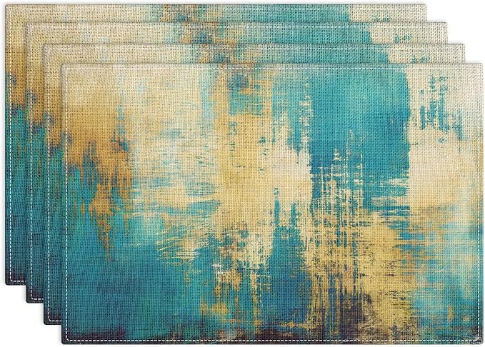 Emvency Farmhouse Placemats Set of 4, 12x18 Inch, Turquoise and Yellow | Abstract Vintage Art Painting Table Mats for Outdoor Home Party Kitchen Dining Decoration