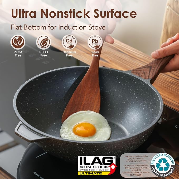 SENSARTE Nonstick Wok Pan with Lid 11Inch, Healthy Stir-fry Pan Chef's Pan | Induction Cookware, Swiss Granite Coating, Even & Fast Heating, Non stick Frying Pan Skillet, Stay-cool Handle, PFOA Free