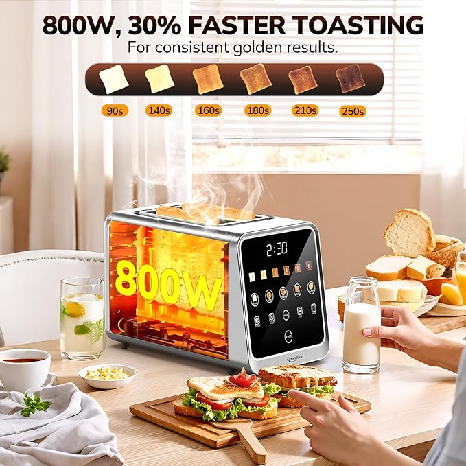 Keenstone Toaster 2 Slice, Digital Smart Toaster with TouchScreen | Dual Control Panel, Single Slot Toasting, Timer, Reheat & Defrost for Bagels, Bread, Waffles, Stainless Steel