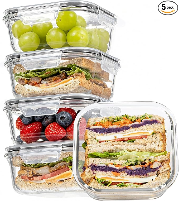 Vtopmart 5Pack 27oz Glass Food Storage Containers with Lids, Grey | Glass Meal Prep Container Sets, Sandwich Containers, Snap Airtight Lid For Microwave, Oven, Freezer and Dishwasher, BPA Free