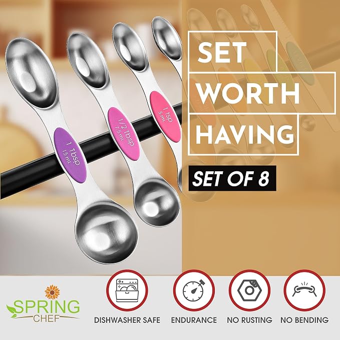 Spring Chef Stainless Steel Magnetic Measuring Spoons Set of 8, Neon | Dual Sided Metal Teaspoon & Tablespoon Measuring Spoons w/ Leveler for Dry & Liquid Ingredients, Fits in Kitchen Spice Jars