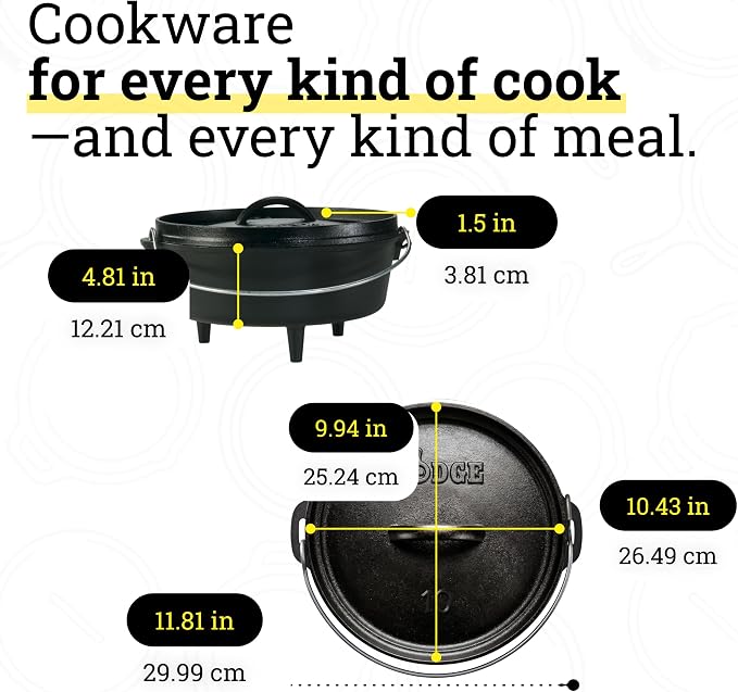 Lodge Seasoned Cast Iron Camp Dutch Oven with Lid - 4 Quart - Dual Handles - Seasoned Cast Iron Cookware with Steel Handle & Strong Lid for Heavy- Duty Camping Cookware