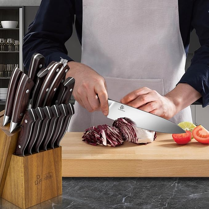 16-Piece Kitchen Knife Set, High-Carbon Stainless Steel, Pakkawood Handles | Ultra-Sharp Knife Block Set with Ergonomic Full-Tang Handles, Professional Knife Set with Block and Sharpener for Gifting