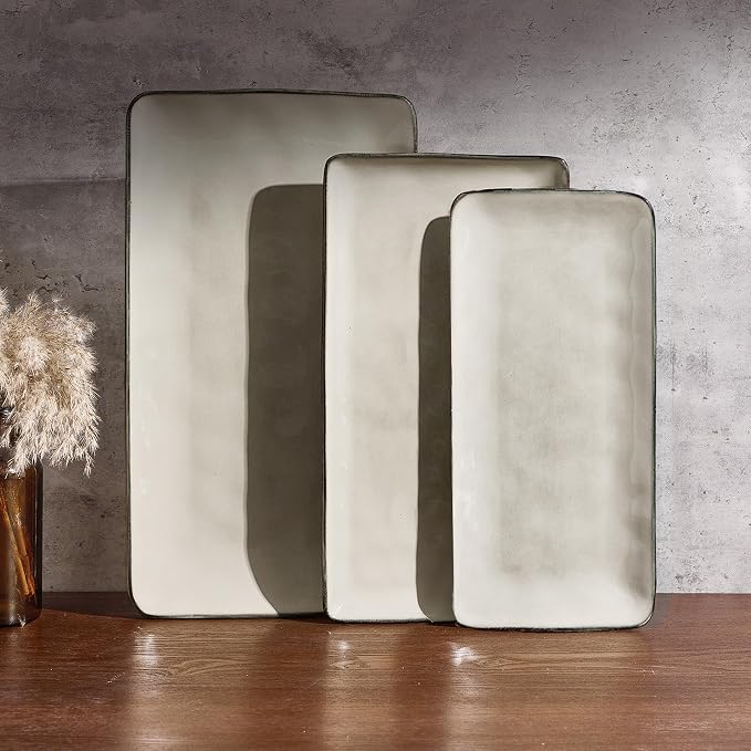 Famiware Serving Platters Set of 3 Sizes - Rectangular, Light Khaki | 15.67"/14.1"/12.6" Fine Stoneware Serving Trays for Party, Entertaining for Food, Turkey, Cheese, Microwave Dishwasher Safe