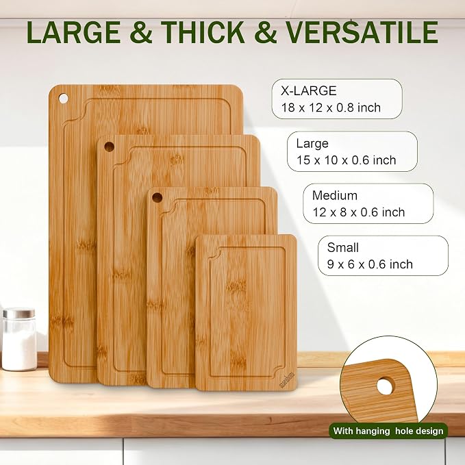 4-Piece Bamboo Cutting Board Set Serving Tray Juice GroovesHandles | Ideal for Meat Vegetables Fruit,Easy Storage & Quick Clean,Natural Wood Construction,Dual-Purpose as Serving Tray