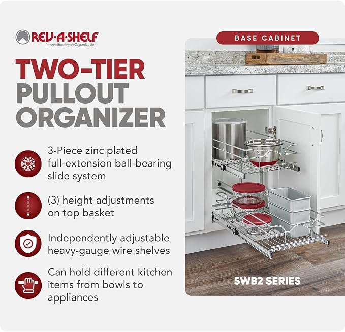 Rev-A-Shelf 2-Tier Pullout Shelf and Drawer Organizer for Kitchen Cabinets, Slide Out Storage Basket, Min Opening Width of 8.5", 9" x 22", 5WB2-0922CR-1
