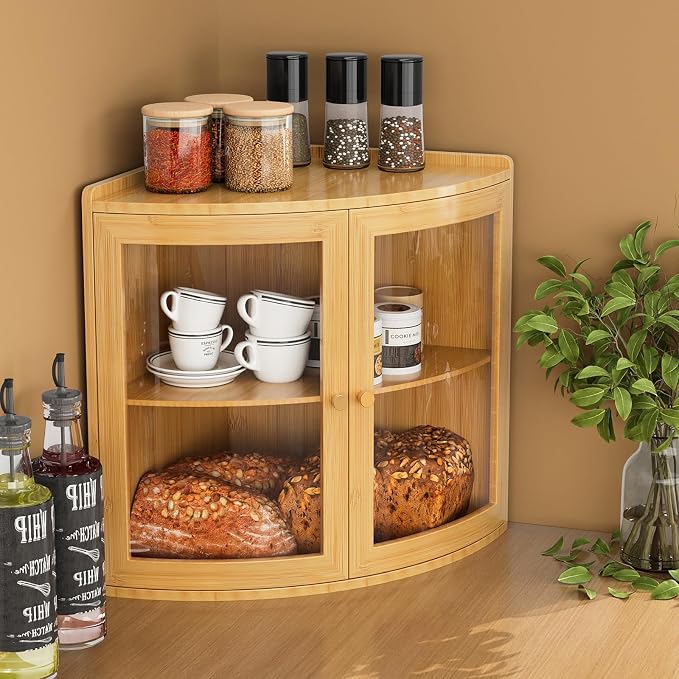 Trironsun Fan Shape Corner Bread Box for Kitchen Counter Double Layer Large Bread Storage Container with Acrylic Doors Farmhouse Wooden Bread Box Organizer for Homemade Bread (Natural Bamboo)