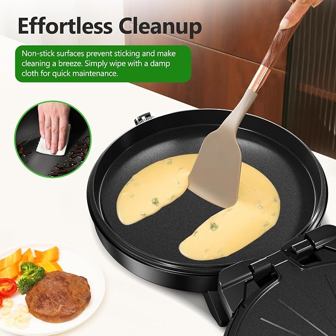 KEINVE 1500W Electric Griddle, 2-in-1 Indoor Griddle and Pizza Maker with 30-Min Timer and Auto Shut-Off, 12" 180° Open for BBQ, Steak, Burgers, Salmon, Veggies, and More