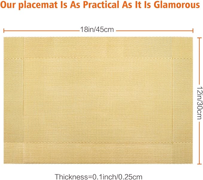 Gold Vinyl Placemats Set of 4,Washable Dining PVC Table Mats | Heat resistant, stain resistant non slip vinyl place mats, washable gold table placemats for dining table