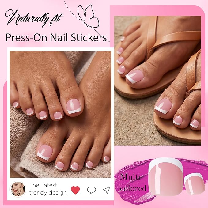 240pc White French Tip Press on Toenails for Women Pink Fake Toenails | French Fake Toe Nails Press ons Nail Square Glue on Toe Nails Acrylic Press on Toes Nails Tip Stick False Artificial Toenail