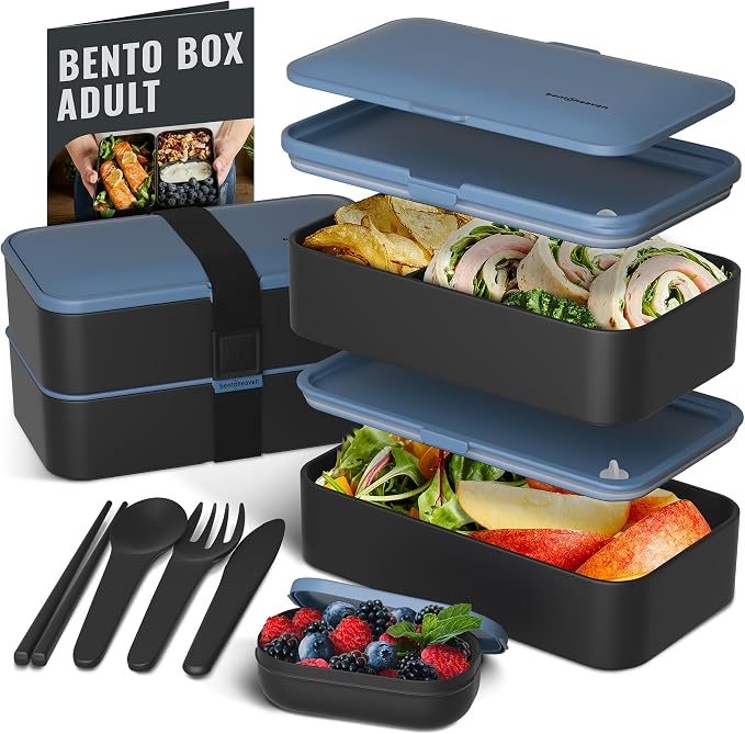 Bentoheaven Bento Box Adult, Stackable Lunch Box, 40 oz, Steel My Heart | BPA-free, leakproof and microwave-safe with 2 compartments, utensils, chopsticks, divider and sauce cup for men and women.