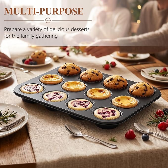 E-far 12-Cup Muffin Pan, 2 Pack Nonstick Carbon Steel Cupcake Pan Tin Tray | Metal Bakeware Muffin Baking Tins for Oven, Standard Size, Ideal for Muffins, Cake Tart, Brownies, Easy Clean & Non-toxic