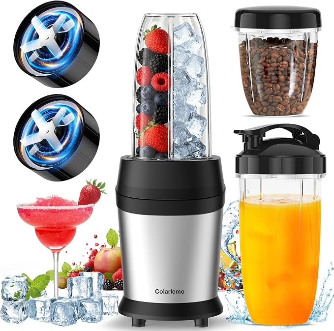 Colarlemo 1200W Smoothie Blender, Personal Kitchen Blender, Ice Crushing | 25000 RPM, Dishwasher Safe, 12Pcs, 6-Leaf Blade×2, 3 Cup Sizes, Smoothie Maker Grinder Frozen Drinks Nuts, Silver