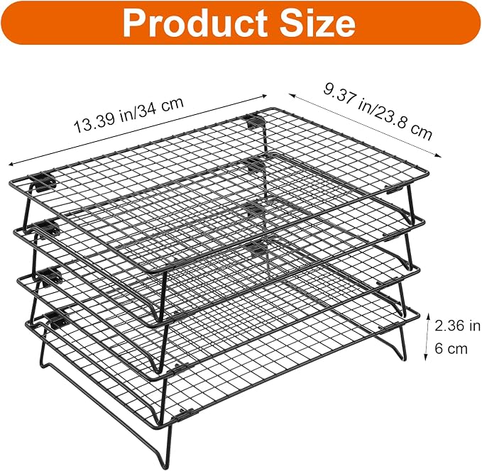 4Pcs Cooling Racks for Cooking and Baking, 13.4" x 9.4" Cookie Cooling Racks, 4-Tier Stackable Carbon Steel Wire Cooling Rack for Baking, Cookie, Pizza, Cake, Roasting, Making Jerky