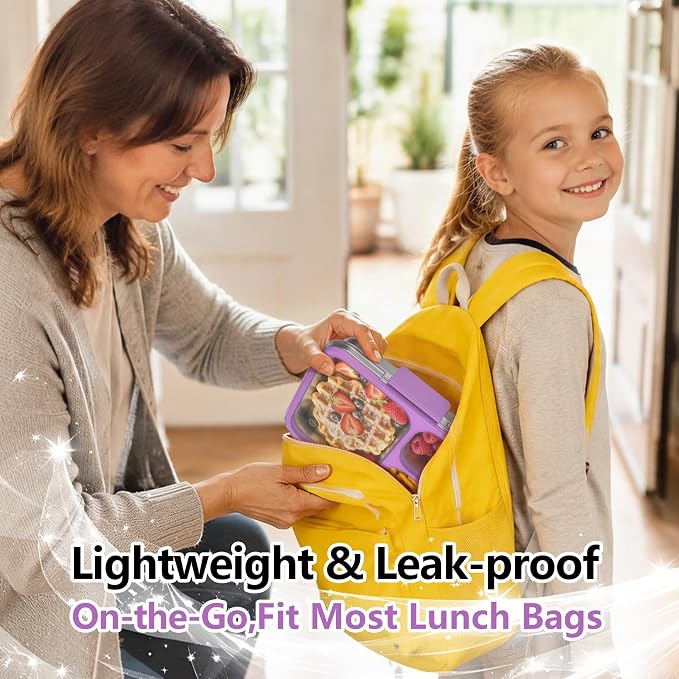 HOMEKOL Stainless Steel Bento Lunch Box 3-Compartment, 4.2Cups, Purple | Leak-Proof Metal Lunch Container for Kids & Adults, BPA-Free, Dishwasher Safe, Clear Tritan Lid, 1000ml (Not Insulated)