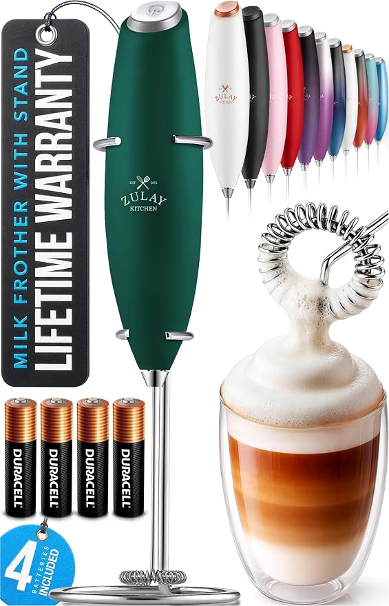 Zulay Kitchen Powerful Milk Frother Wand With Duracell Batteries - Ultra Fast Handheld Drink Mixer - Electric Whisk Foam Maker for Coffee, Lattes, Cappuccino & Matcha - Z1 Motor - Dark Green