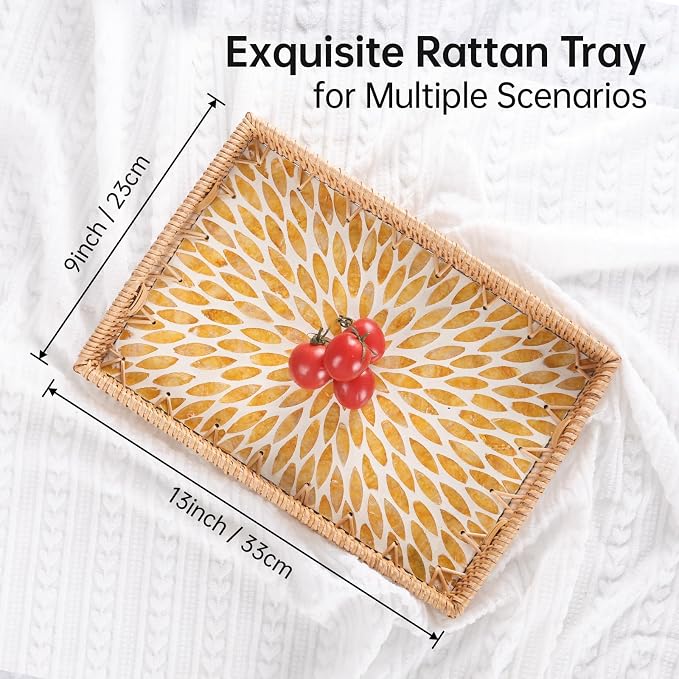 Rectangle Rattan Tray with Mother of Pearl Inlay, Rattan Serving Tray with Handle for Coffee, Bread, Fruits, Snacks, Decorative Wicker Tray for Table Decor (Rectangle Amber Leaf, 13"×9")