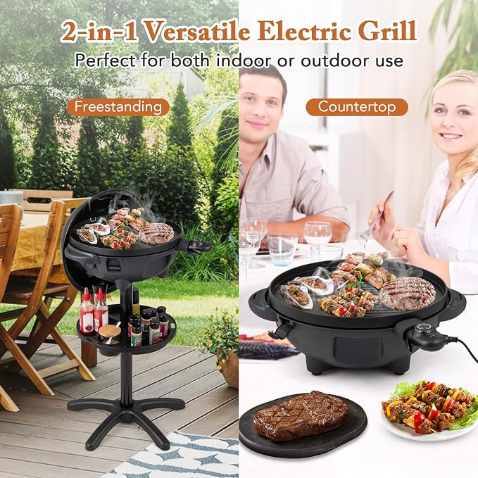 Giantex Electric Grill Outdoor Indoor, Portable BBQ Grill | Thermometer, Nonstick Griddle, Drip Tray, Condiment Tray, Freestanding & Tabletop, for Patio Apartments Backyard Party