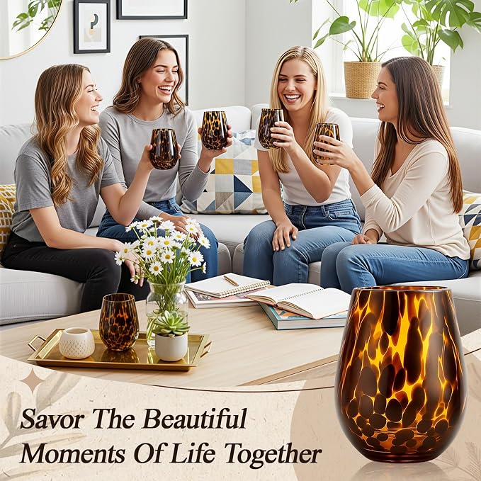 SiliFine 1 Pcs Tortoise Shell Wine Glasses, 16oz Vintage Brown Decorative Glassware, Aesthetic Hand Blown Leopard Print Stemless Drinkware for Cocktail, Gin, Gifts for Party, Housewarming