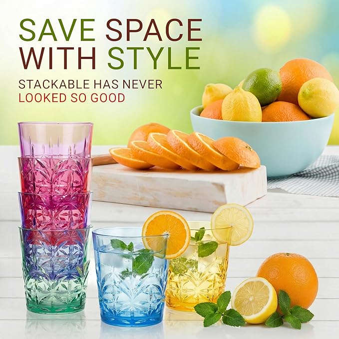 Bravario Royal Plastic Drinking Glasses,13 oz Set of 6, Plastic Cups Reusable Dishwasher Safe, Premium Juice & Water Tumblers for Home Kitchen Pool Party, Great Gift, BPA-Free Durable Mixed Colors
