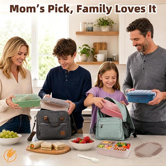 Itopor Bento Box for Kids & Adults, Lunch Box 46 oz / 1400ml, Tan | Wheat straw material, BPA-free, leakproof, 3 compartments, microwave & dishwasher safe, for school, office & travel