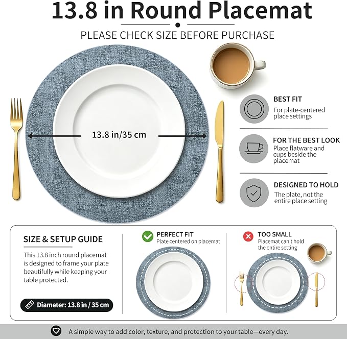 Maxpearl Faux Leather Round Placemats Set of 6, 13.8 inch, Blue | Waterproof, Heat Resistant, Non Slip, Wipe Clean Dining Table Place Mats, Suitable for Indoor & Outdoor Use, Table Settings