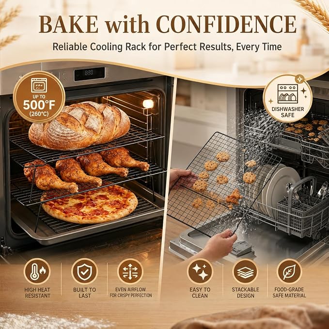 Cooling Racks for Baking, 3-Tier Stackable Stainless Steel Wire Cooling Rack Set of 3 (10"x15") with 100 Paper, Oven Safe Heavy Duty Rust-Resistant Wire Rack for Cookie Sheet Roasting Grilling.