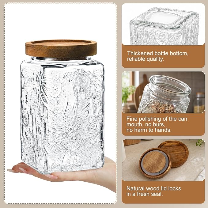 6 Pcs Vintage Glass Jars with Lids, Airtight Snack Coffee Food Storage Set | 17/24/34 oz, Sunflower Glass Decorative Container Set, Kitchen Counter Pantry Use, BPA-Free