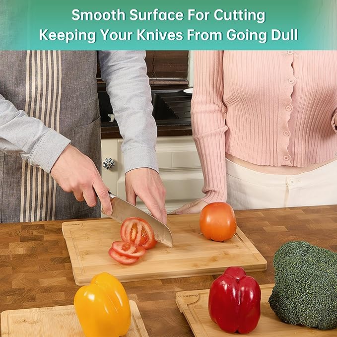 Bamboo Cutting Boards for Kitchen, Wood Cutting Board with Holder, Bamboo Cutting Board Set Reversible with Juice Grooves for Meat Cheese Fruit and Vegetables (Four Piece Set)