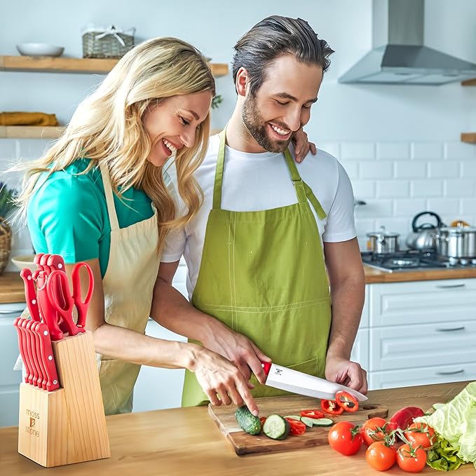 Moss & Stone Red 14 Pcs Kitchen Knife Set with Block, Stainless Steel | Premium forged kitchen knives with high-carbon sharp blades, ergonomic handle, rust-resistant knife block set for home & chef