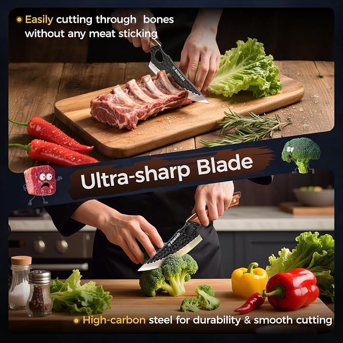 3PCS Butcher Knife Set, Hand Forged Kitchen Chef Knife Set Gift | Meat Cleaver Knife Viking Boning Knife for Home, Outdoor Camping BBQ High Carbon Steel Japanese Knives, Gift for Men Father