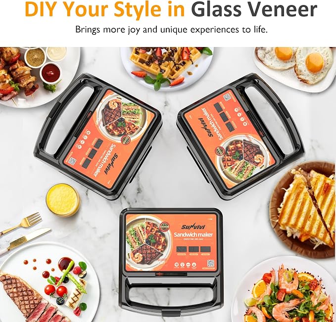 3 in 1 Electric Sandwich Maker with Removable Nonstick Plates - 800W,Black | for Belgian Waffle/Panini/Grill/Pancake Griddle/Breakfast,Dishwasher Safe,Cool Touch Handle,Easy to Clean & Store