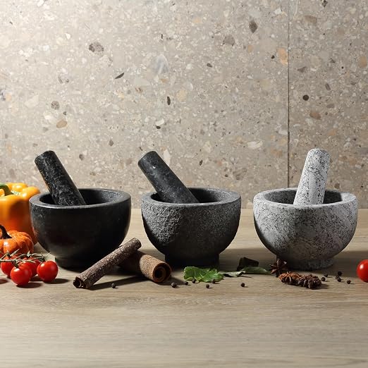 5 Inch 1.5 Cup-Capacity Mortar and Pestle Set - Heavy Natural Granite Spice Grinder Bowl, Unpolished Heavy Granite for Organic Appearance, Solid Stone Grinder Marble Spice Herb Grinder