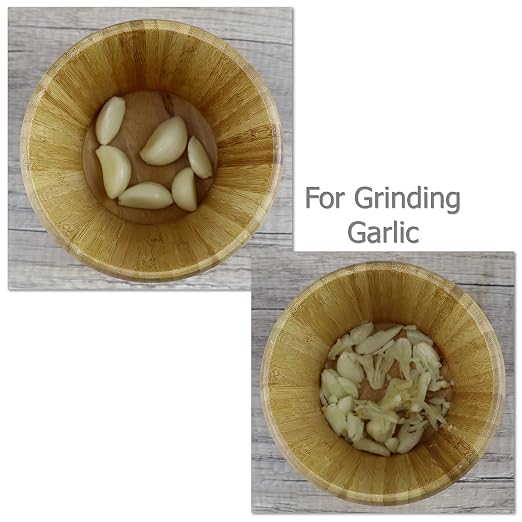 EIKS Bamboo Mortar & Pestle with Lid, Seasoning Crusher Bowl | For Grinding Garlic, Spices, Herb, Ginger, Peppercorns, Sesame, Kitchen Tool