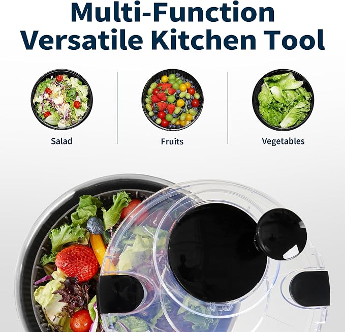 Stainless Steel Salad Spinner, 4.8 Qt Vegetable Washer, BPA-Free Lettuce Dryer with Crank Design, Easy Clean, Non-Slip Base - Transparent Lid