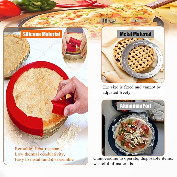 Easily Adjustable Silicone Pie Crust Protector, Fits8-11.5" Pie Crust | Food-Grade Silicone , Prevents Crust Edges from Burning,2 Anti-Slip Clips,BPA-Free, Oven/Microwave/Dishwasher Safe,red,2pcs