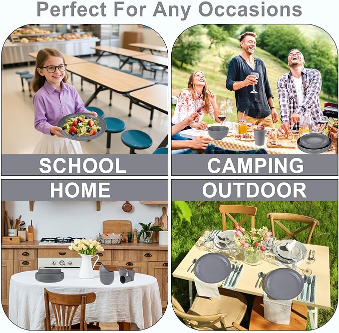 24 Pcs Dark Gray Wheat Straw Dinnerware Set Plates Bowls Cups | Lightweight Shatter-Resistant Reusable Sustainable Dishware For Daily Kitchen Meals Outdoor Patio Dining And Holiday Parties
