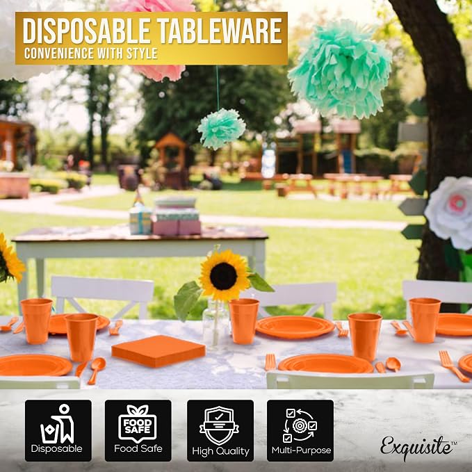 Party Solids 350 Pieces Orange Plastic Plates For Party, Orange Disposable Plates Set, 50 Of Each 9" Dinner Plate Set, 7" Dessert Plate, Cups, Napkins & Cutlery Plastic Dinnerware Set