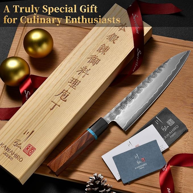 Japanese Hand Forging Chef Knife, Professional Handcrafted 8 inch Kitchen Knife, 3 Layers Japan VG10 Super High Carbon Steel Chef's Knife, Ergonomic Handle Grip and Gift Wood Box