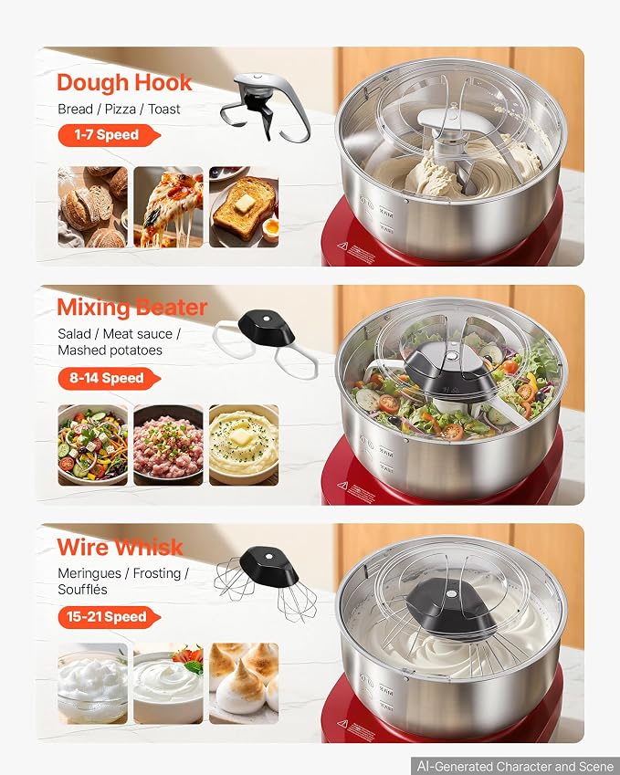 VEVOR 5.3 Qt Electric Dough Maker 500W Stand Mixer Removable Lid, Stepless Speed Adjustment Food Kitchen Mixer with Stainless Steel Bowl, Dough Hook, Whisk, Beater, for Pizza Bread Pasta Mochi