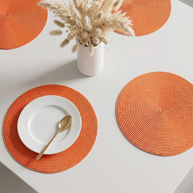 AHHFSMEI Round Placemats Set of 6 Heat Resistant Washable Non-Slip Woven Braided Table Mats for Dining Table Kitchen & Home Decor (Orange)