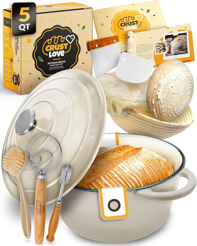 5 QT Enameled Dutch Oven for Bread Baking with Lid & Baking Set | Dutch Oven for Sourdough Bread Baking, Enameled Cast Iron with Lid, Banneton, Bread Sling, Lame, Dough Whisk & Clear Guide