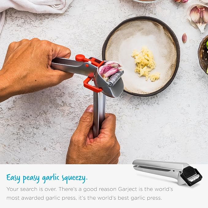 Dreamfarm Garject Garlic Press with Peel Ejector & Scraper - Red | No-peel mincer with skin eject button, crushes up to 3 cloves, dishwasher safe, durable chrome-plated zinc