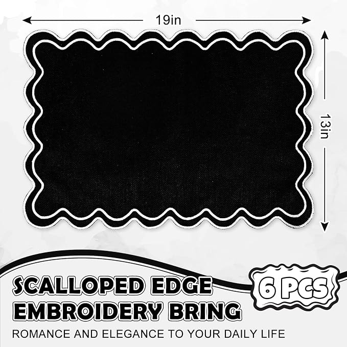 Whaline Black White Linen Placemats Embroidered Scalloped Kitchen Place Mats for Birthday Party Home Dining Table Decor, Set of 6, 13 x 19 in