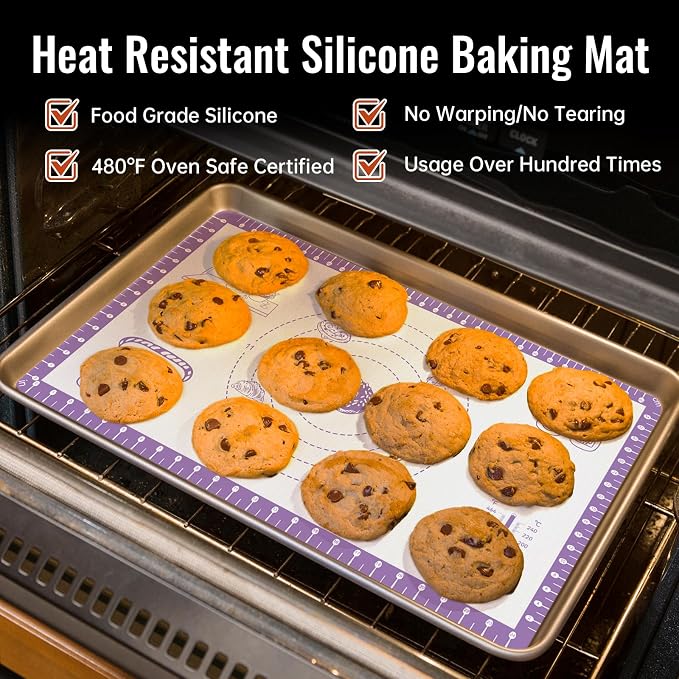 Silicone Pastry Mat with 10 Useful Recipes, Silicone Mat for Baking, Dough Rolling for Bread, Cookie, Macaron, Pizza, Surdough, Non Stick Silicone Mat for Counter 32X24INCH Purple