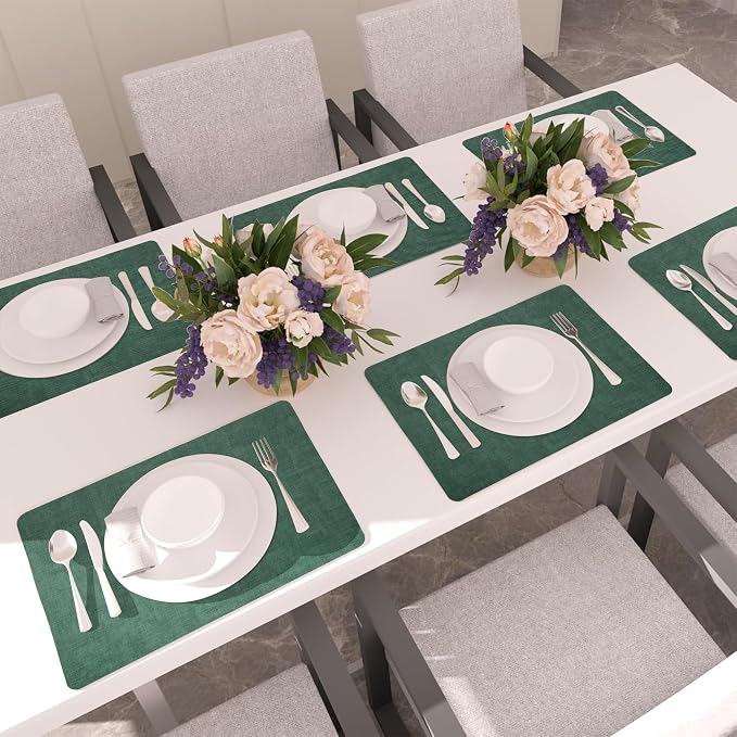 Maxpearl Faux Leather Placemats Set of 4, Easy to Clean, Dark Green | Waterproof - Heat Resistant - Non Slip - Wipe Clean Dining Table Place Mats, Suitable for Indoor & Outdoor Use, 17''×12''